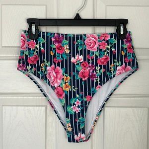 CUPSHE NWT Bikini Bottom High Waisted Bottom Size Medium Floral with Stripes